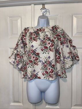 Haute Monde Cream Off-Shoulder Floral Blouse with  Burgundy & Lavender Print